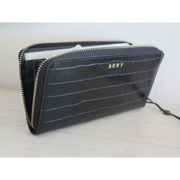 DKNY Black Croc Embossed PU Leather Vela Large Zip Around Wallet $128 - Picture 9 of 12
